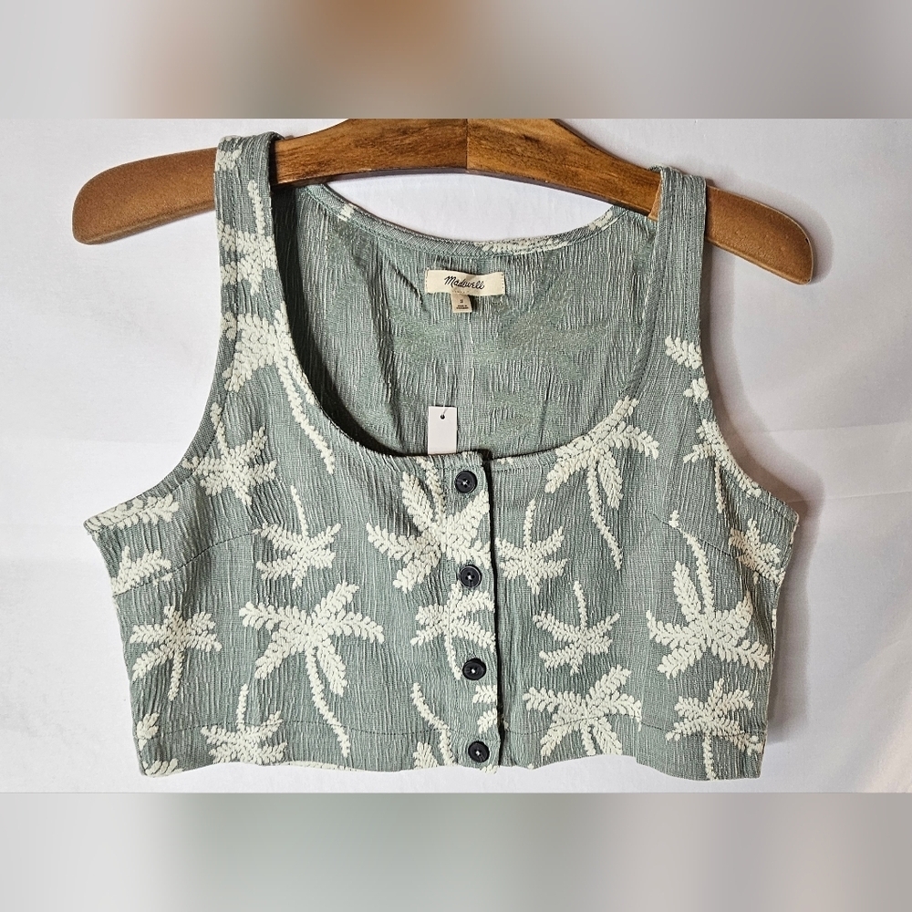 NWT Madewell Women's Sage Jacquard Square-Neck Button-Front Crop Tank Sz S - Picture 4 of 10